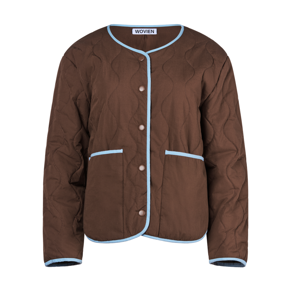 Brown and light blue cotton quilted jacket coat for women