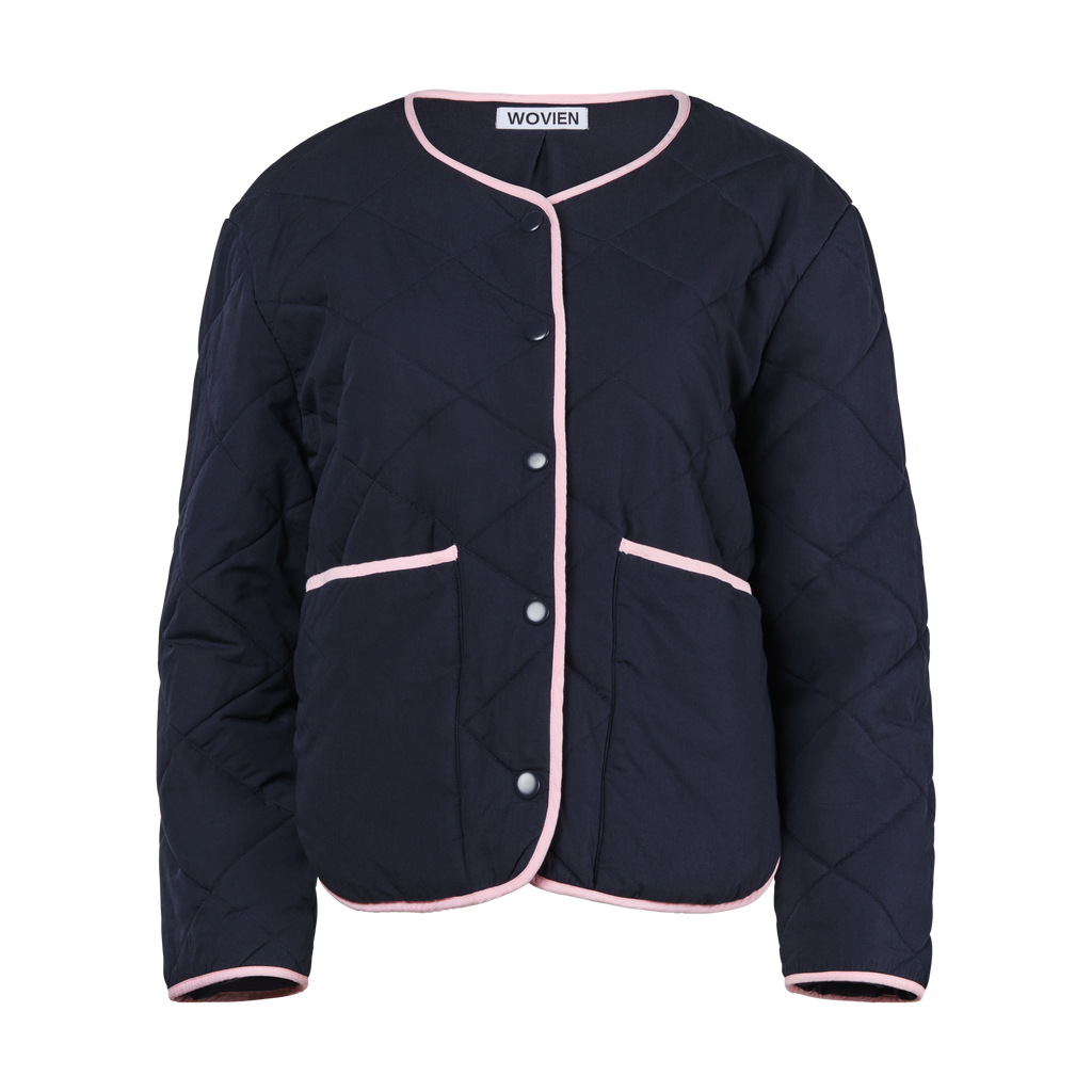 Navy blue and light pink cotton quilted jacket coat for women